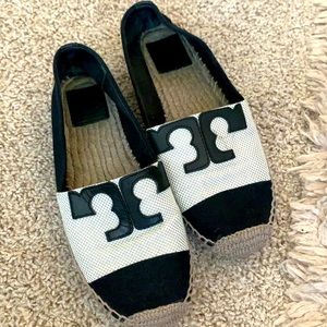 Tory Burch - Black Woven Textile Espadrille Logo Flats